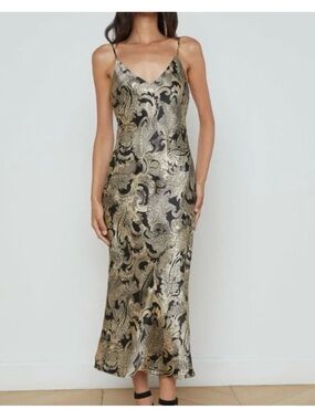 L’agence Seridie Gold & Black Silk Slip Midi Dress